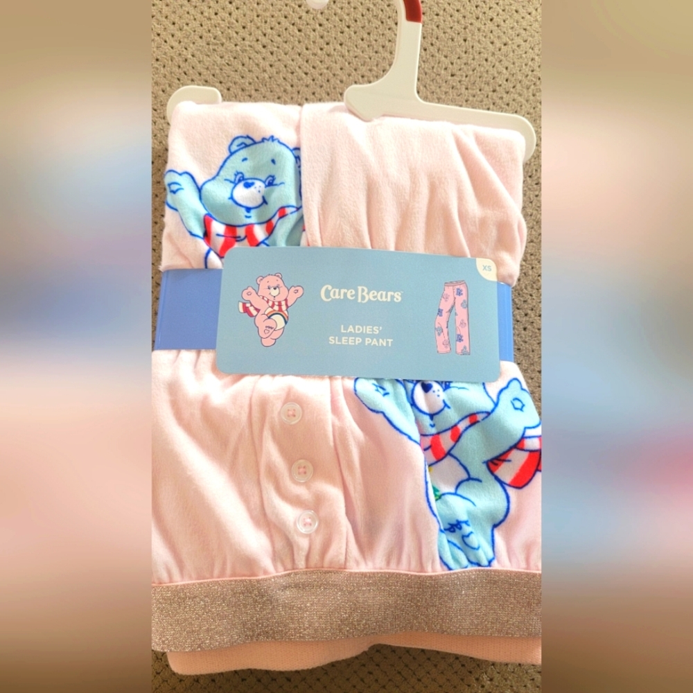 New Women's Care Bears Pajama Pants light pink fleece bottoms with pink glittery